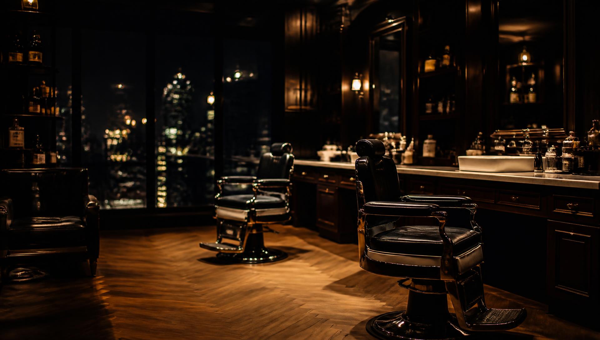 Salão da Barbearia HORA à noite com iluminação âmbar