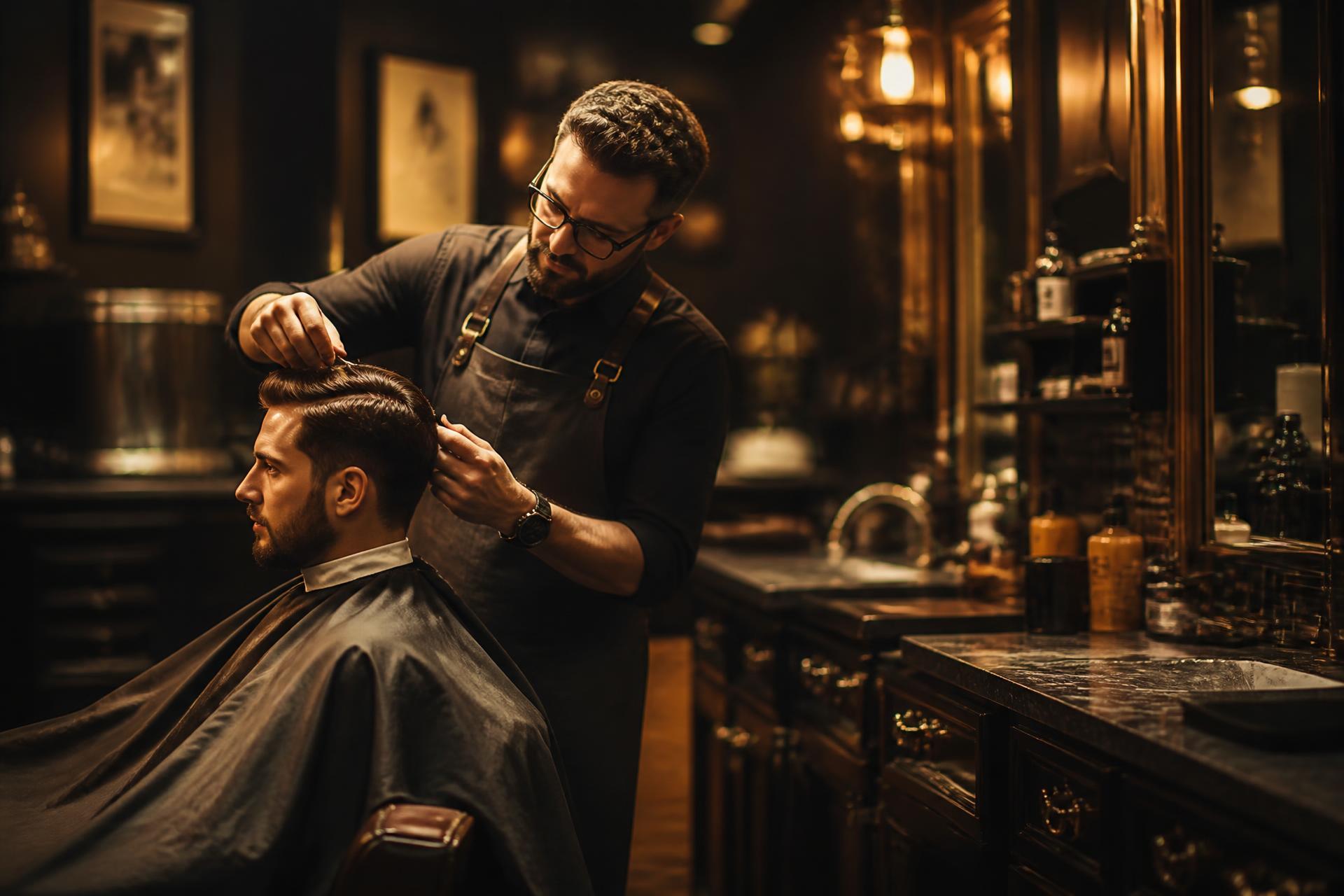 Barbeiro realizando um corte masculino em ambiente premium da Barbearia HORA